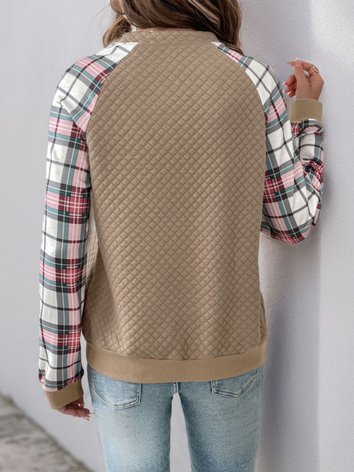 Perfee Plaid Half Zip Long Sleeve Texture Sweatshirt